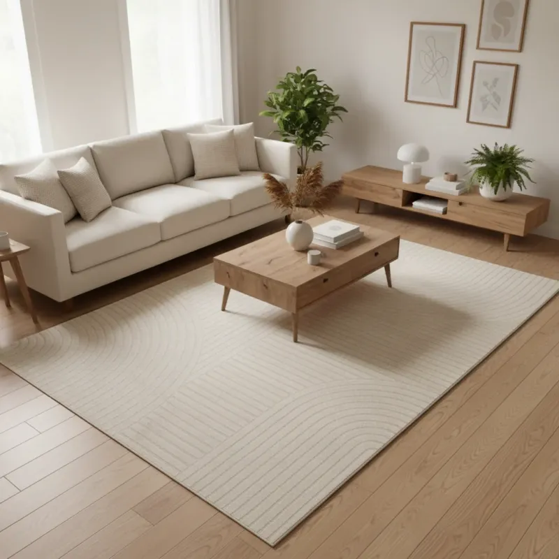 Minimalist arc wave abstract area rug in ivory and warm cream tones with raised curved concentric line pattern styled in a family room under a coffee table and sofa — contemporary Japandi design