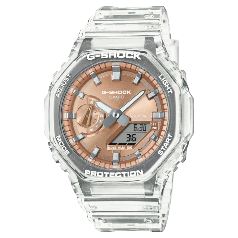 Casio G-Shock GA-2100 Uhr mit transparentem Resinarmband und braunem Analog-Digital-Zifferblatt