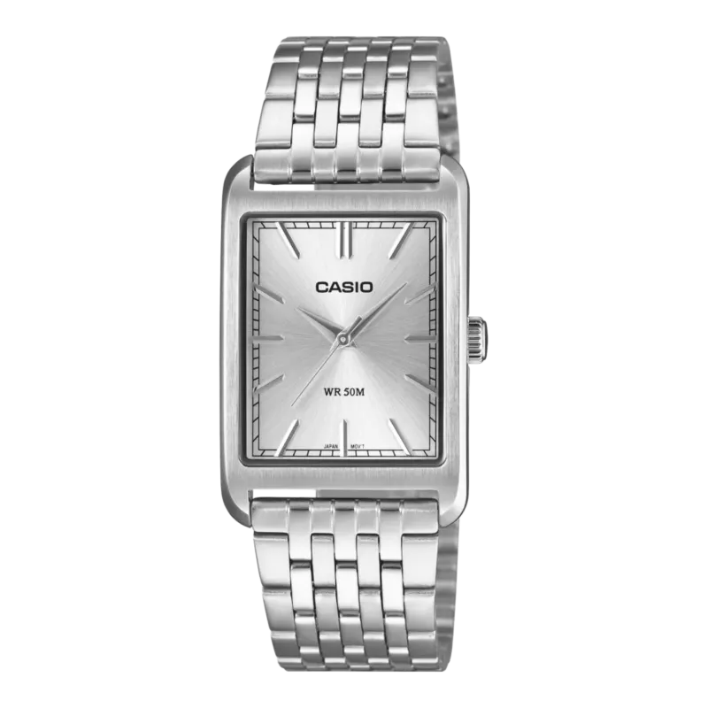 Casio Herrenuhr mit silbernem Metallarmband und viereckigem Zifferblatt, Mineralglas