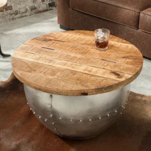 DRUMP STORAGE Runder Couchtisch 70cm natur silber Mangoholz mit Stauraum handmade Industrial