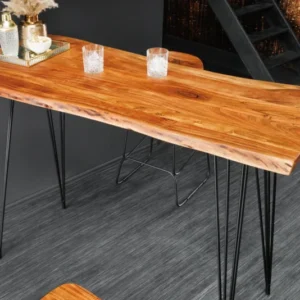 Massivholz Bartisch MAMMUT 140cm natur Akazie Baumkante Metall schwarz Hairpin Legs