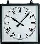 Quadratische Wanduhr mit weißem Zifferblatt, römischen Zahlen und schwarzen Zeigern, schwarzem Rahmen