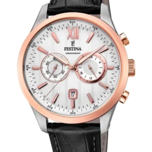 Festina Herren-Chronograph mit Lederarmband, silberfarbenem Gehäuse, weißem Zifferblatt, Datum