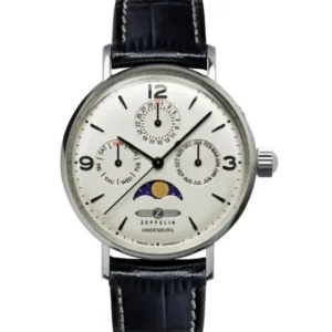 Damenarmbanduhr mit Lederarmband (dunkelblau) und weißem Zifferblatt, Mondphase, Zeppelin