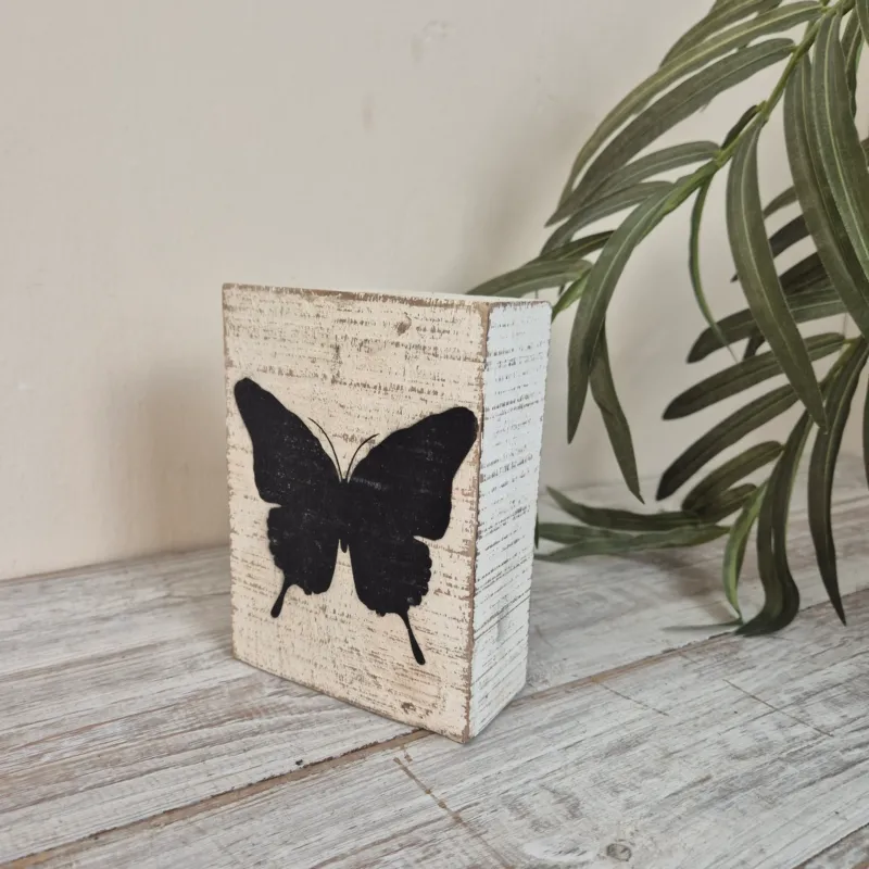 Dekorativer Block 15cm Holz Schmetterling Weiß Schwarz Deko