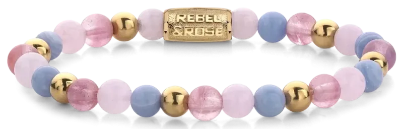Armband mit rosa und blauen Edelsteinen, goldfarbene Zwischenelemente, Edelstahlverschluss