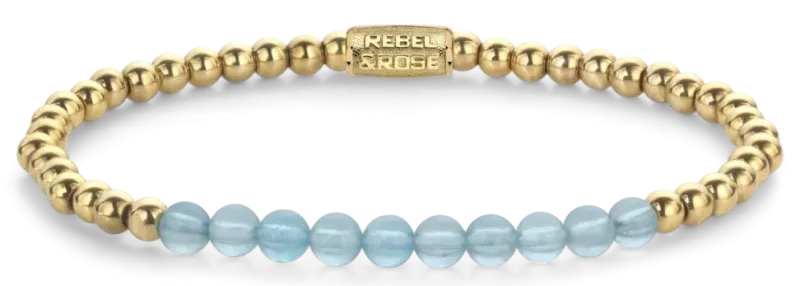 Armband mit hellblauen Aquamarinperlen und goldfarbenen Edelstahlkugeln, mit Verschluss