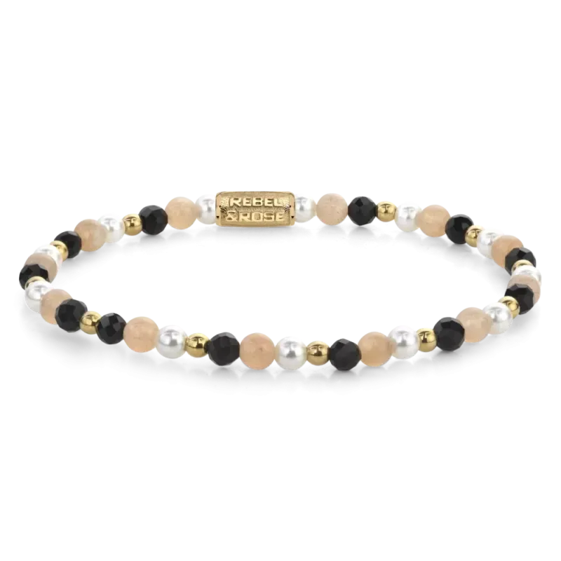 Armband mit Perlen und schwarzen Steinperlen, goldfarbenen Elementen und Edelstahlverschluss