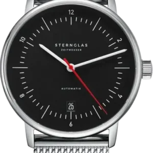Herrenuhr mit schwarzem Zifferblatt und silbernem Metallarmband im Mesh-Look