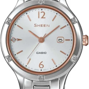 Casio SHEEN Damenuhr: silbernes Edelstahlarmband, rundes Zifferblatt, roséfarbene Zeiger
