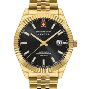 Herrenarmbanduhr mit goldfarbenem Edelstahlband, schwarzem Zifferblatt, Automatik, Datumsfenster