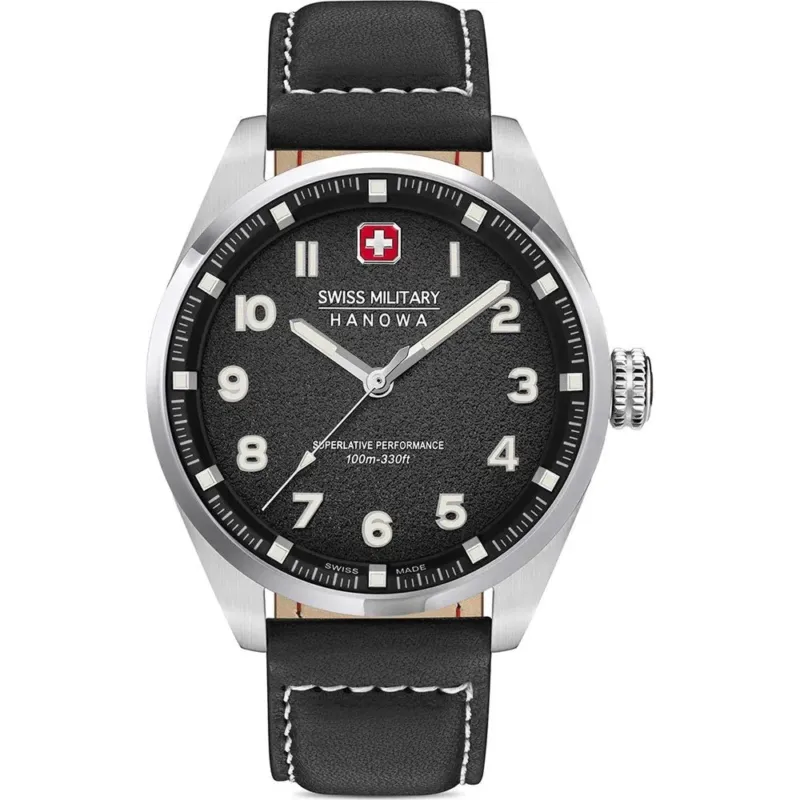 Swiss Military Hanowa Herrenuhr: schwarzes Zifferblatt, Edelstahlgehäuse, Lederarmband