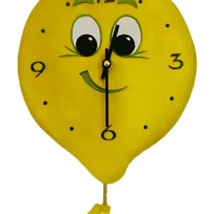Zitronenförmige Keramik-Wanduhr gelb, mit grünen Blättern, Ziffern und Zeigern
