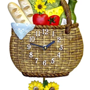 Keramik-Wanduhr mit römischen Ziffern in Korbform, dekoriert mit Blumen und Obst